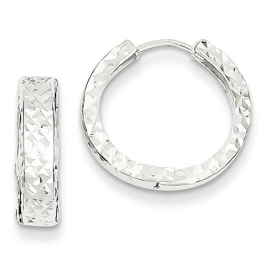 14K White Gold Diamond-cut Hinged Hoop Earrings