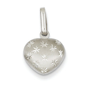 14K White Gold Diamond Cut Brushed Puffed Hollow Heart Pendant