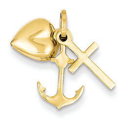 14K Gold Heart Cross and Anchor Charm