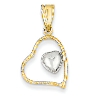 14K Gold Two-tone Polished and Textured Heart Pendant