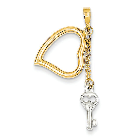 14K Gold Two-tone Polished Open Heart and Key Hollow Pendant