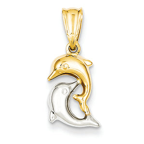 14K Gold Two-tone Polished Dolphins Pendant