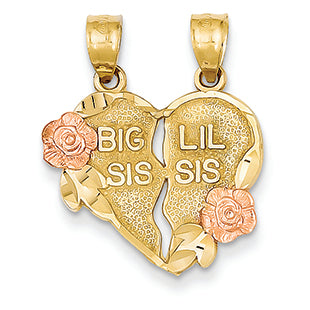 14K Gold Two-tone Break-apart Big Sis and Little Sis Heart Charm