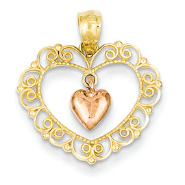 14K Gold Two-tone Rose Filigree Heart Pendant