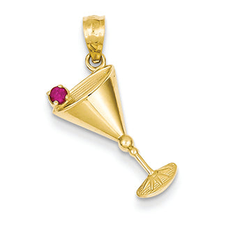 14K Gold Martini Glass with Red CZ Cherry Pendant