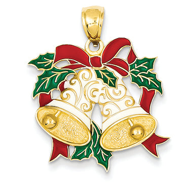 14K Gold Enameled Holiday Bells & Holly Leaves Pendant