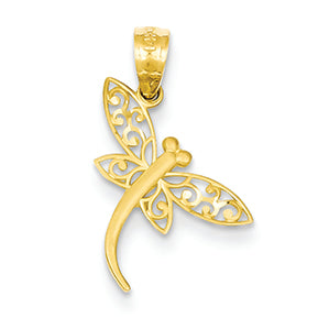 14K Gold Satin Diamond-cut Dragonfly Pendant