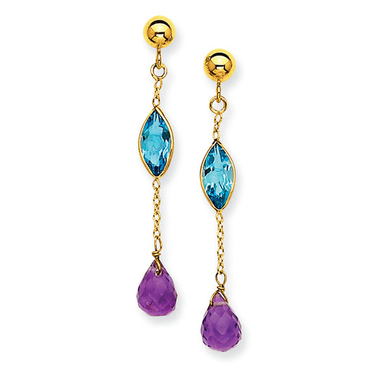 14K Gold Amethyst and Blue Topaz Post Earrings