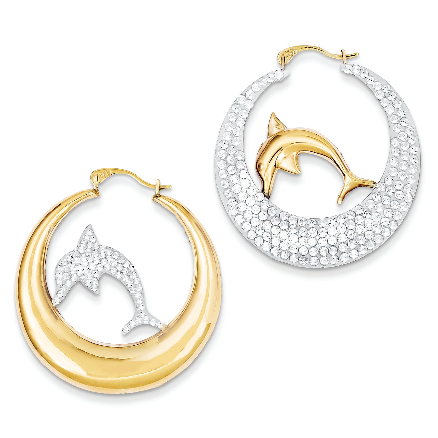 14K Gold Swarovski Elements Reversible Dolphin Hoop Earrings