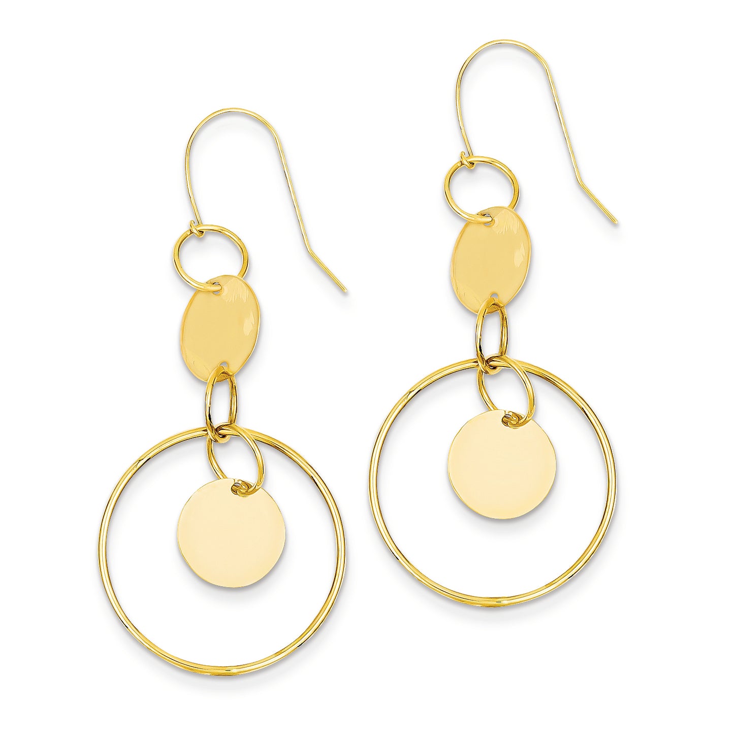 14K Gold Polished Circles Dangle Earrings