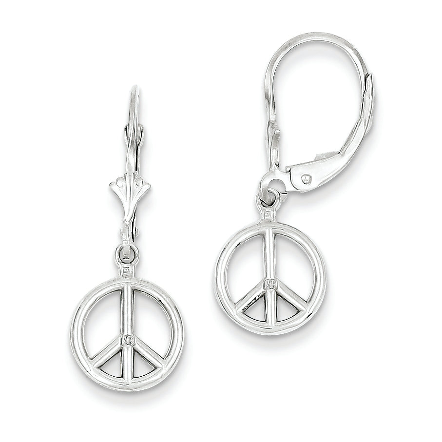 14K White Gold Peace Symbol Leverback Earrings