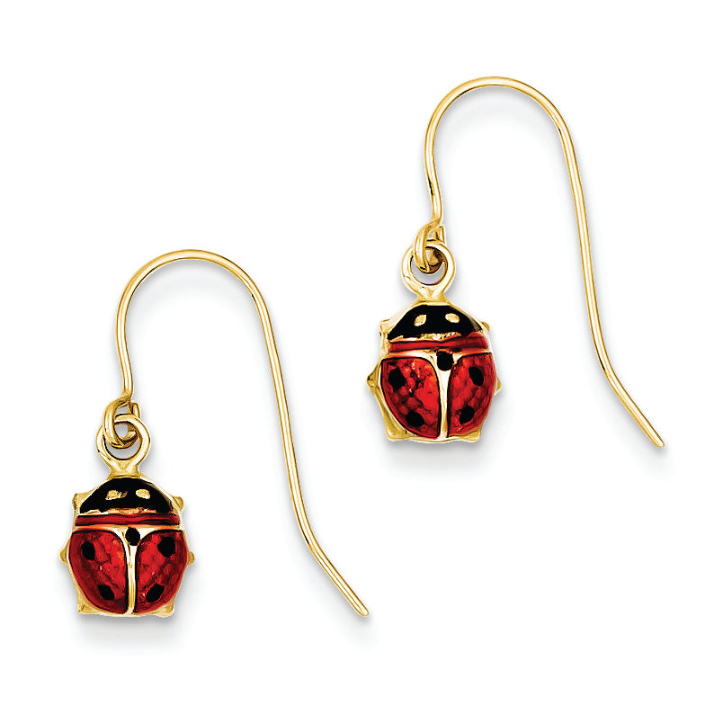 14K Gold Enameled Ladybug Dangle Earrings