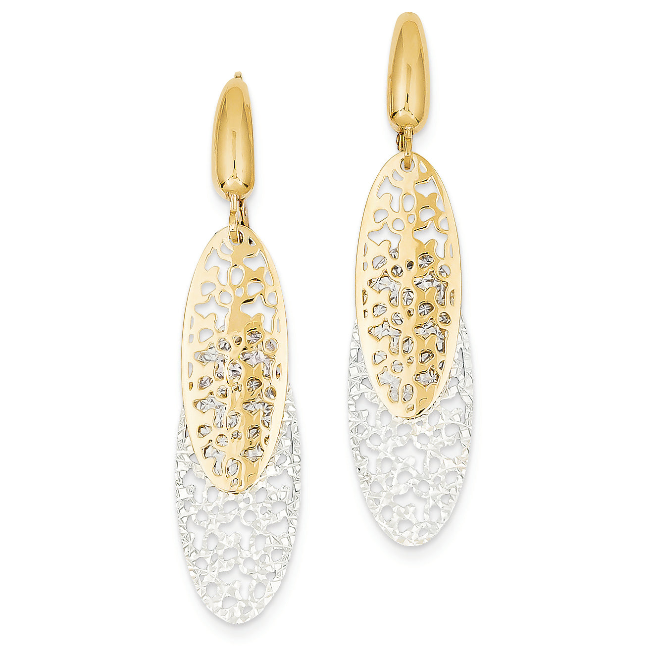 14K Gold Two-tone Polished & Diamond Cut Oval Leverback Earrings