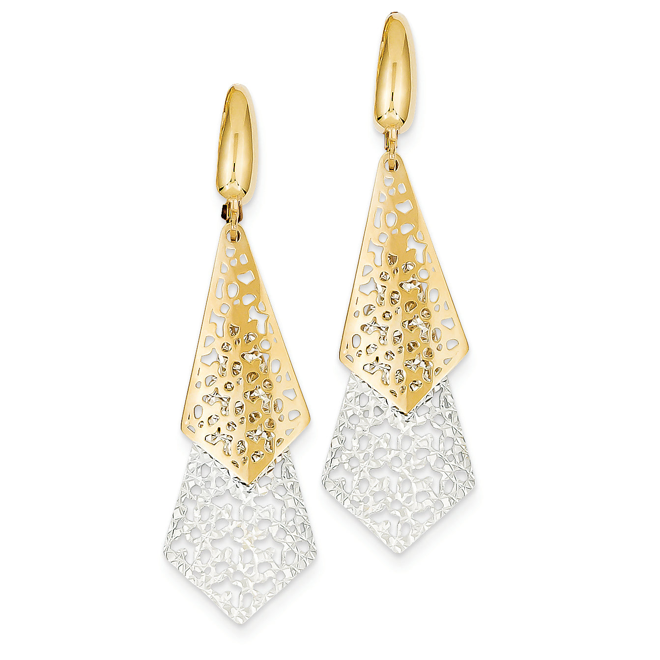 14K Gold Two-tone Polished & Diamond Cut Triangular Leverback Earrings