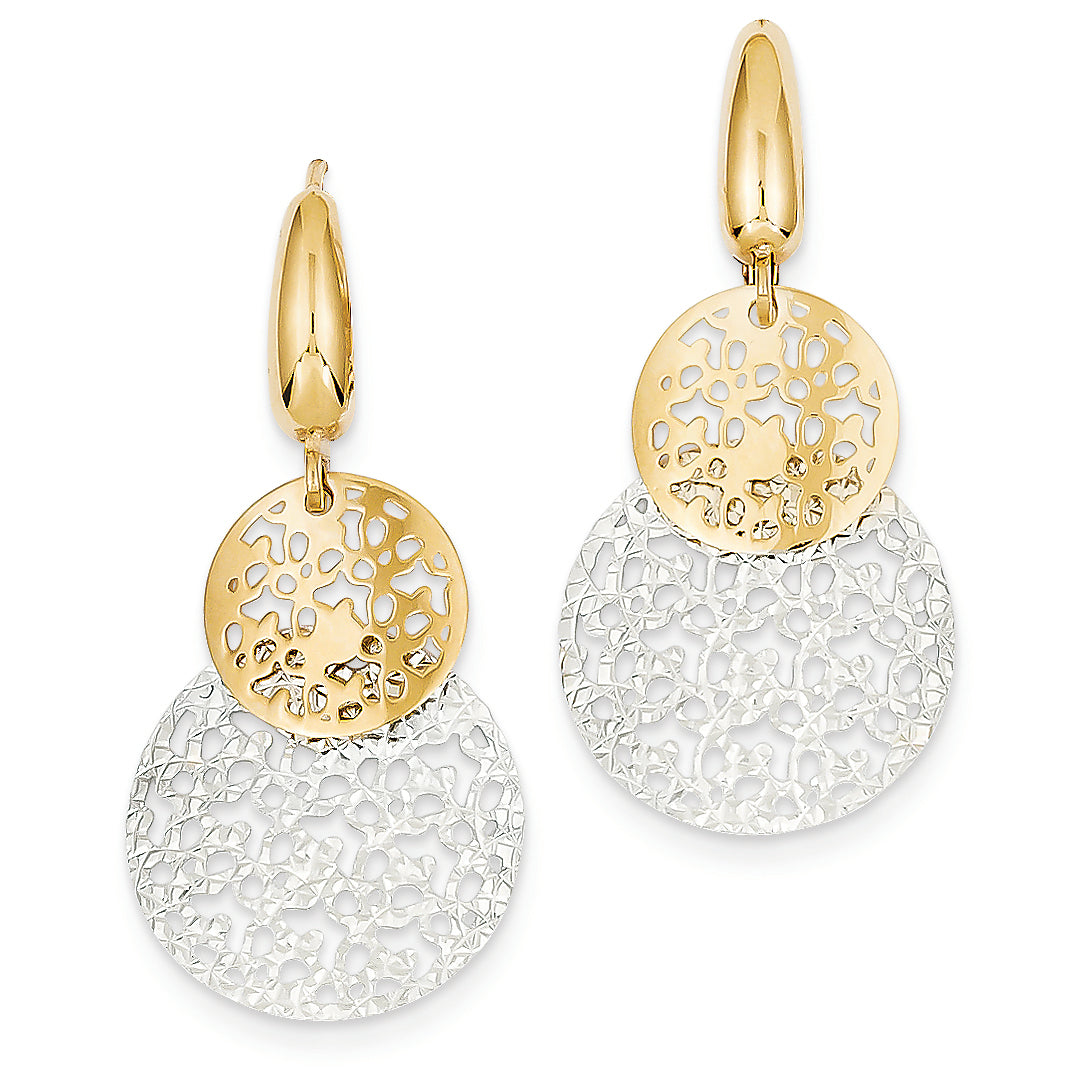 14K Gold Two-tone Polished & Diamond Cut Circle Leverback Earrings