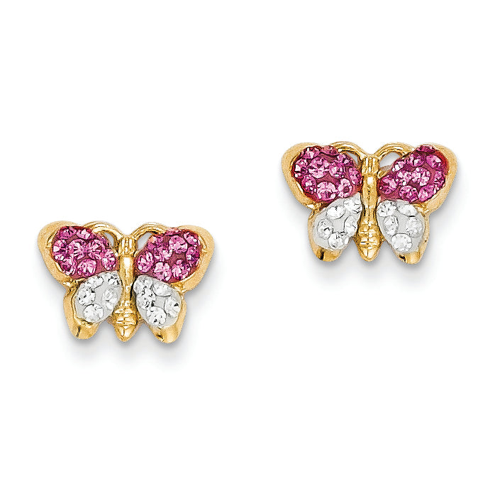 14K Gold Pink/White Crystal Butterfly Post Earrings