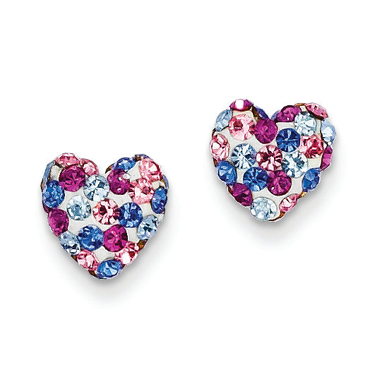 14K Gold Blue Pink White Crystal 8mm Heart Post Earrings