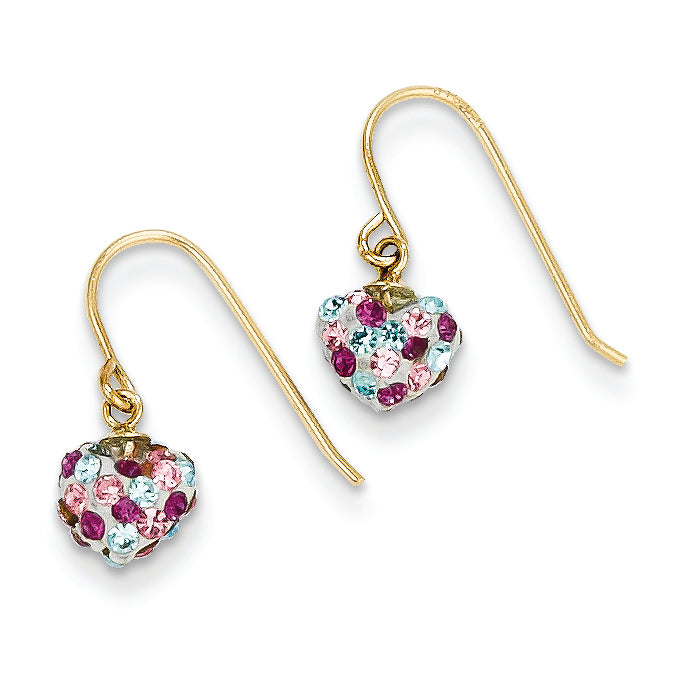 14K Gold Multi-colored Crystal Heart Dangle Earrings