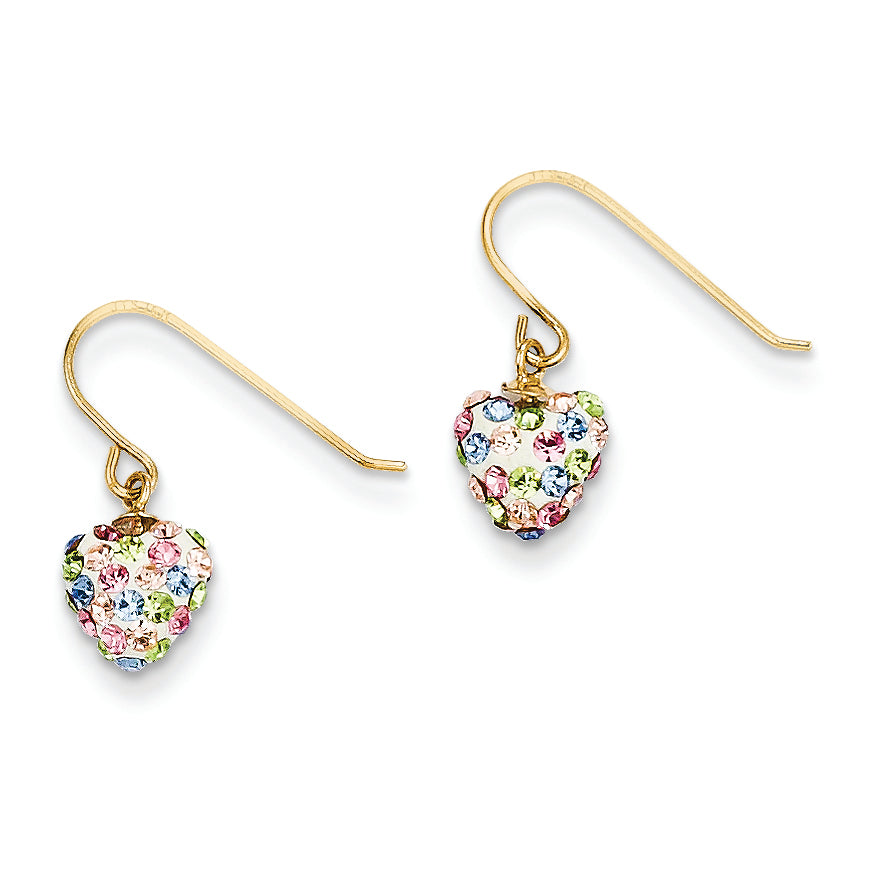 14K Gold Pastel Multi-colored Crystal Heart Dangle Earrings