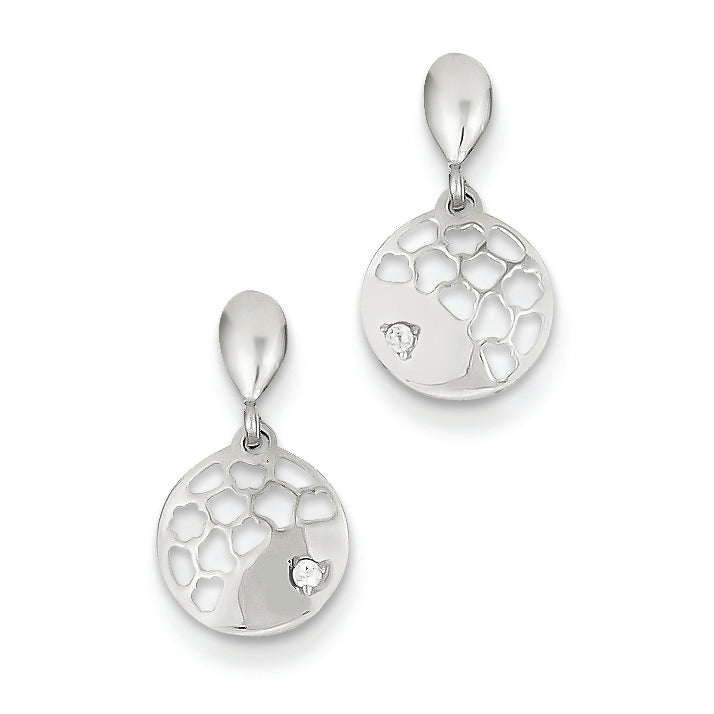 14K White Gold CZ Circle Post Dangle Earrings