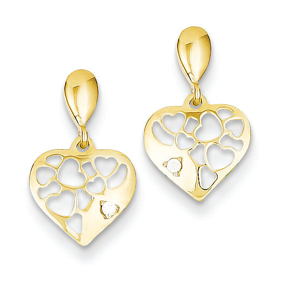 14K Gold CZ Filligree Heart Dangle Post Earrings