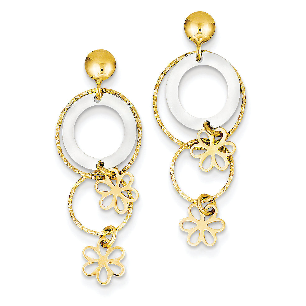 14K Gold Two-tone Flower and Circle Post Dangle Earrings