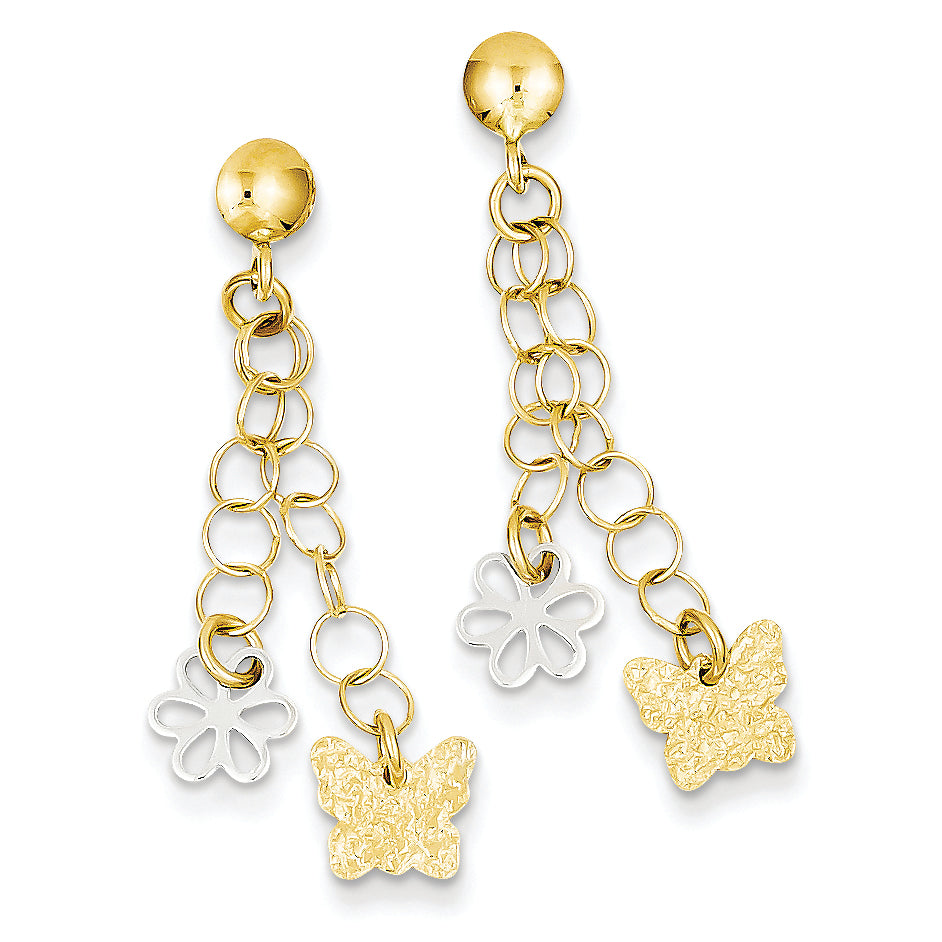 14K Gold Two-tone Polished & Textured Flower & Butterfly Post Earrings
