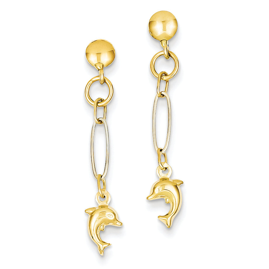 14K Gold Two-tone Dolphin Post Dangle Earrings