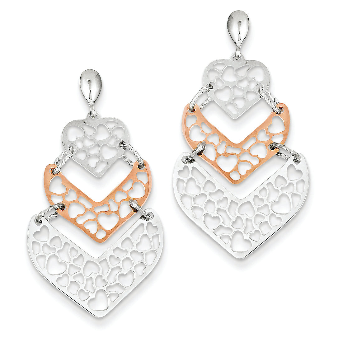 14K Gold Two-tone Heart Post Dangle Earrings