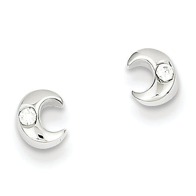 14K White Gold CZ Crescent Moon Post Earrings