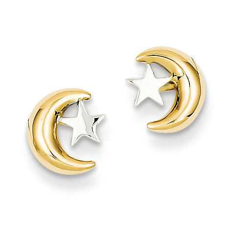 14K Gold Polished & Rho Moon & Star Post Ear