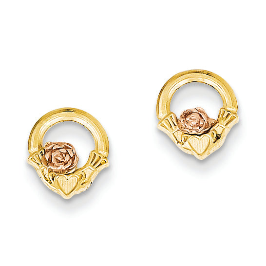 14K Gold Two-tone Polished & Diamond-Cut Satin Claddagh Post Earrings