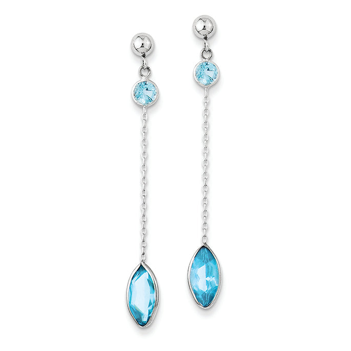 14K White Gold Blue Topaz Post Dangle Earrings