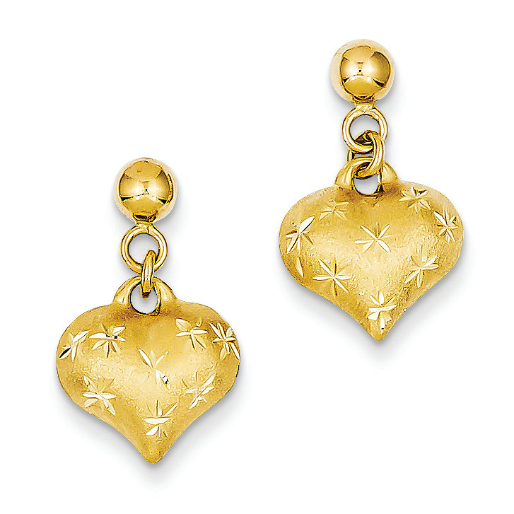 14K Gold Satin Diamond-cut Puffed Heart Dangle Post Earrings