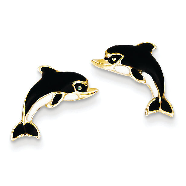 14K Gold Enameled Dolphin Post Earrings
