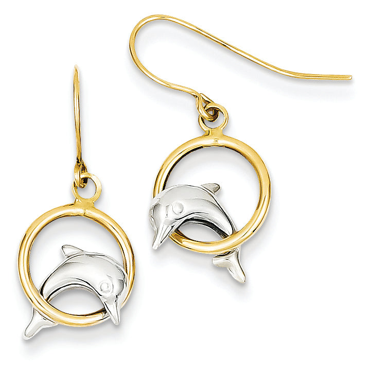 14K Gold Two-tone 3-D Dolphin Dangle Earrings