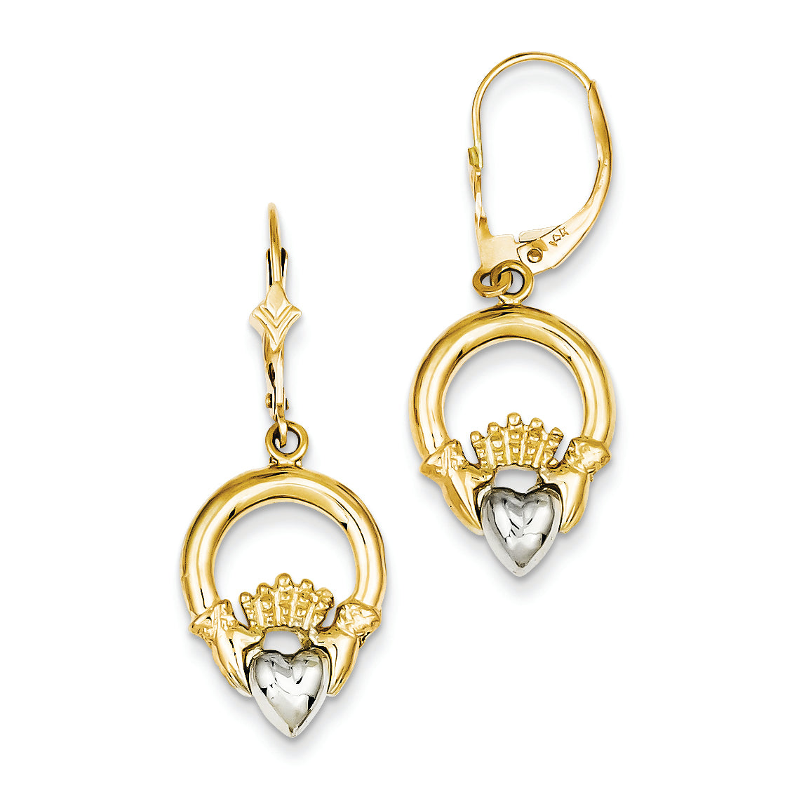 14K Gold Two-tone Claddagh Leverback Earrings